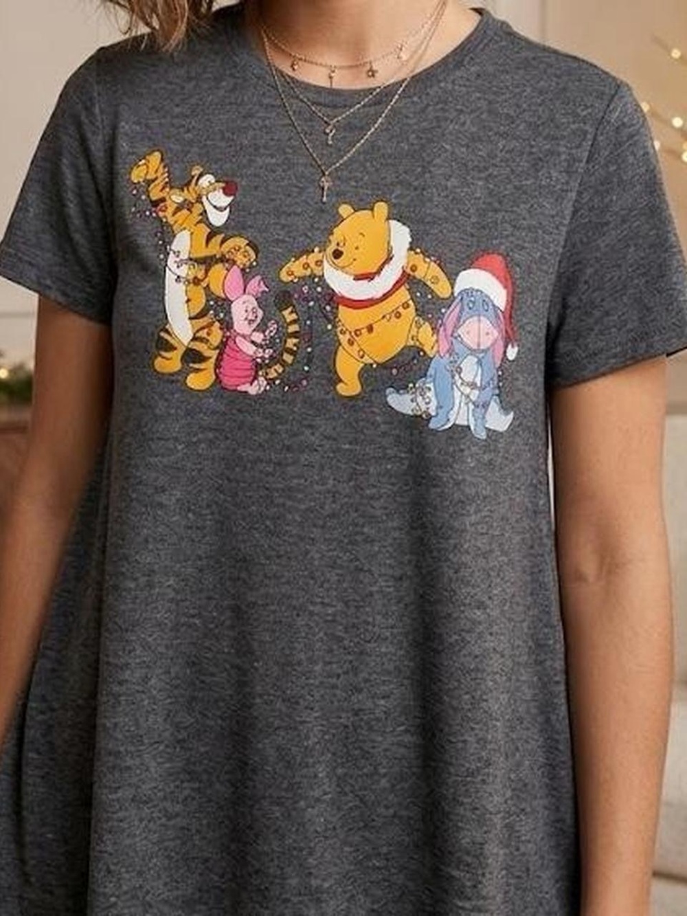 Disney Winnie The Pooh Holiday Christmas Graphic T-Shirt Charcoal Gray Small - Picture 2 of 7